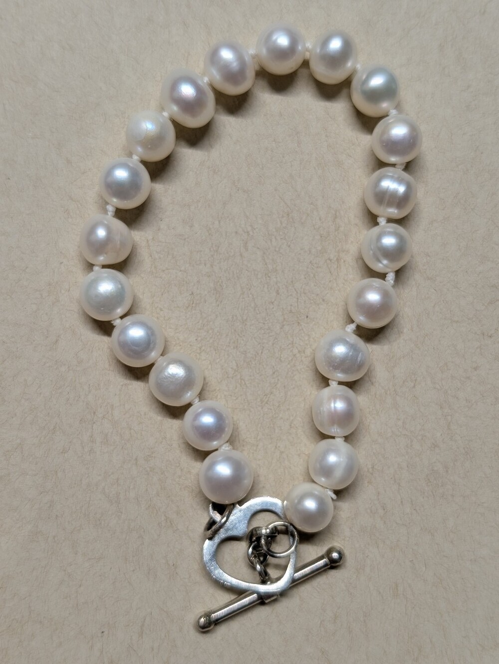 Classic White Genuine Pearl Bracelet with Silver 925 Heart Toggle Clasp Classic